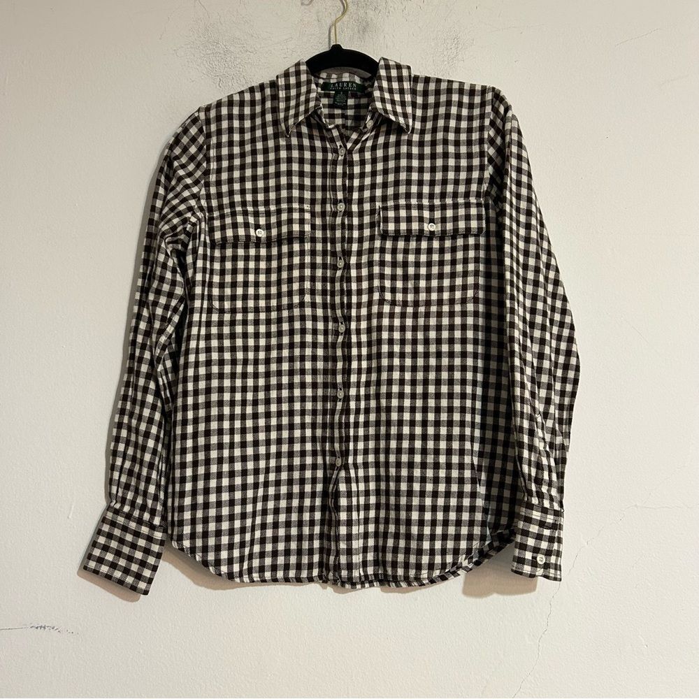 Lauren Ralph Lauren Chocolate Brown Gingham Check Button Up Shirt Small Preppy